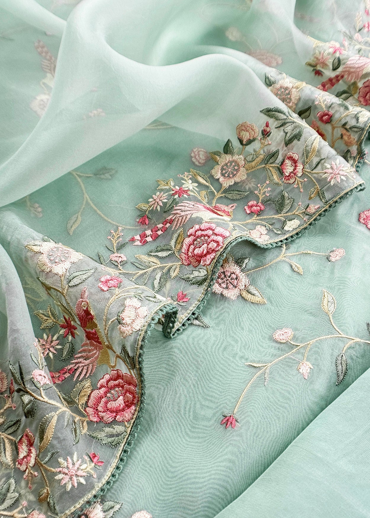 Pastel Green Parsi Thread Embroidery Pure Organza Unstitched Suit With Dupatta