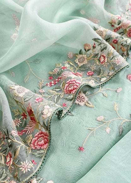 Pastel Green Parsi Thread Embroidery Pure Organza Unstitched Suit With Dupatta