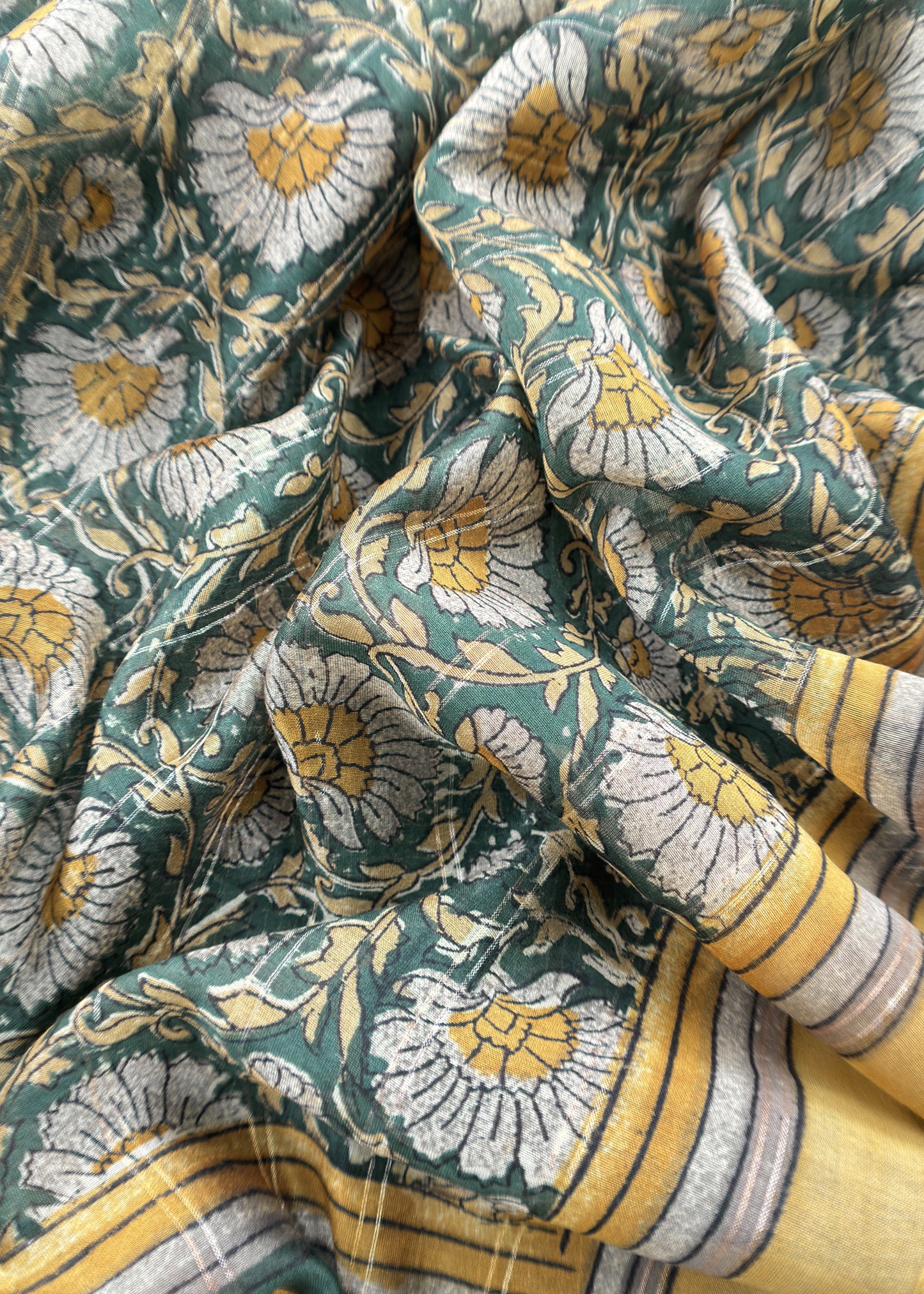 Bottle Green 80gm Chanderi Silk Suit Fabric With Kalamkari Hand Block Printing