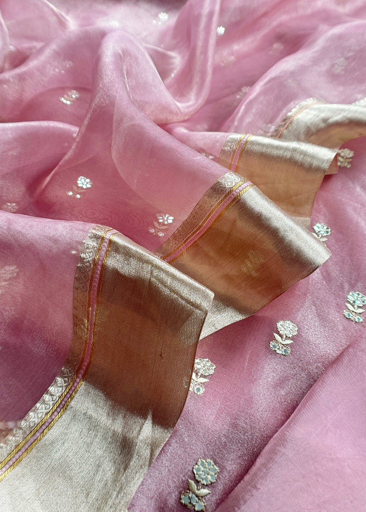 Pink Luxe Handloom Tissue Silk Unstitched Suit With Mirror Work