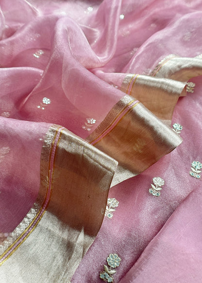 Pink Luxe Handloom Tissue Silk Unstitched Suit With Mirror Work