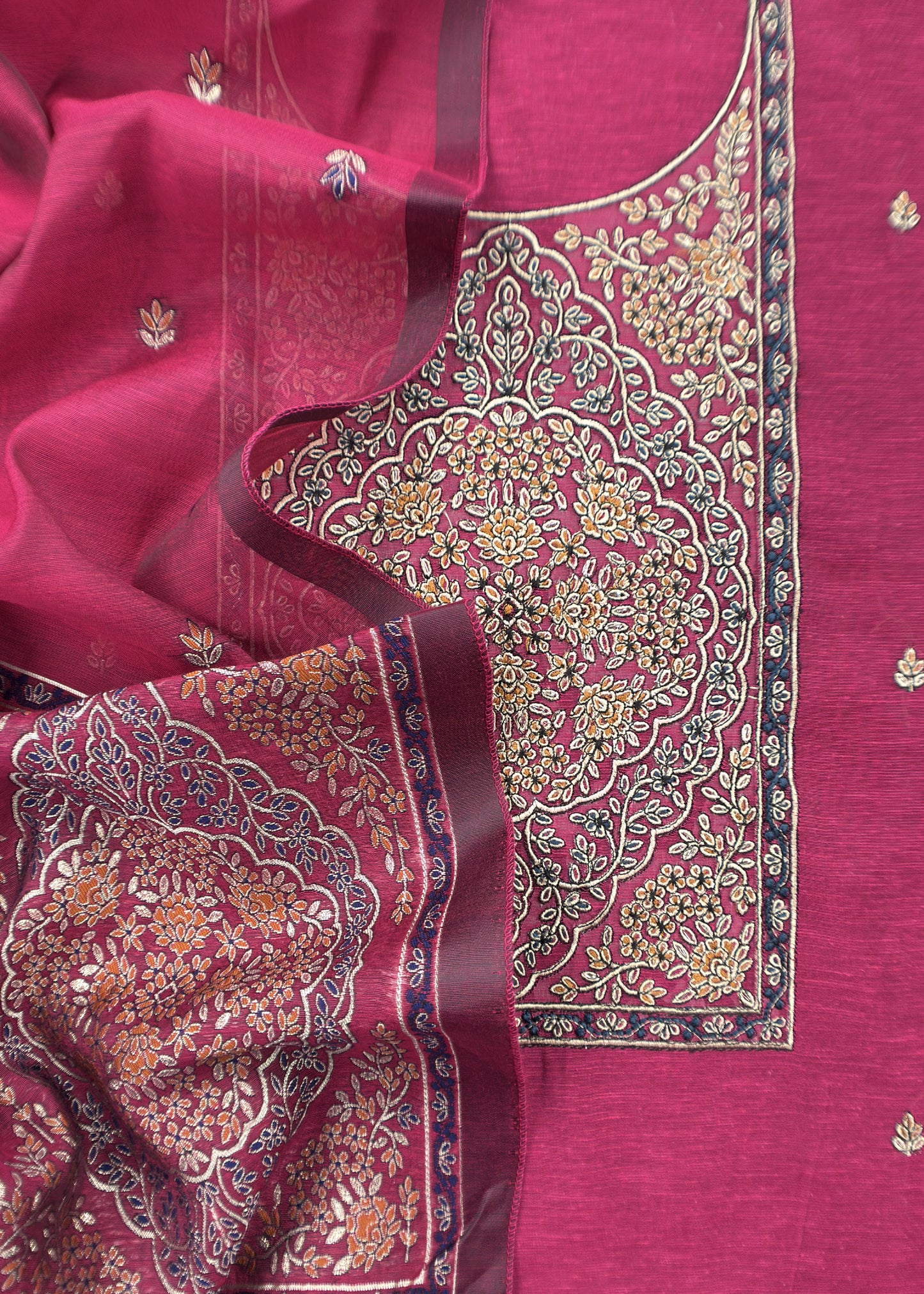 Dark Pink Linen Chanderi Suit Fabric With Jamdani Weaving And Embroidery