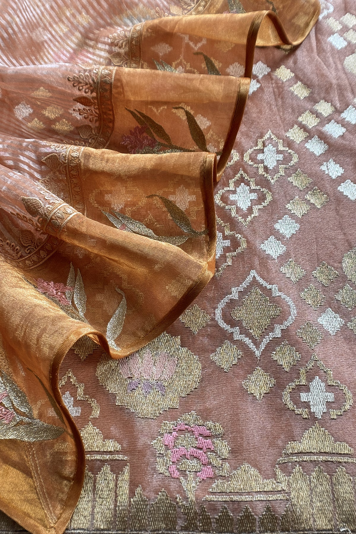 Goldan Peach Handloom Tissue Silk Suit With Gold Silver Zari And Embroidery
