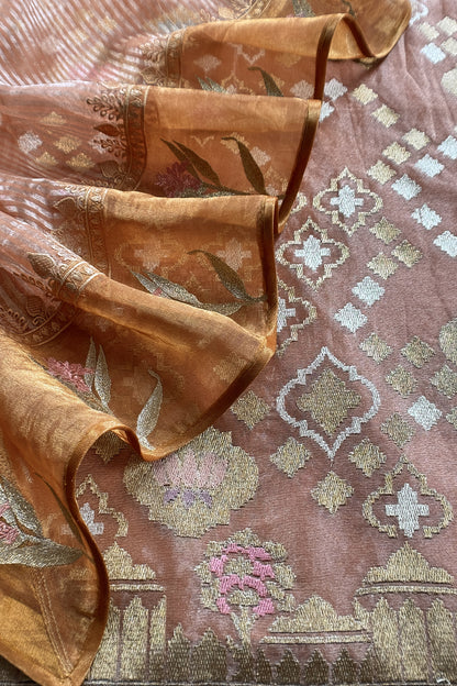 Goldan Peach Handloom Tissue Silk Suit With Gold Silver Zari And Embroidery