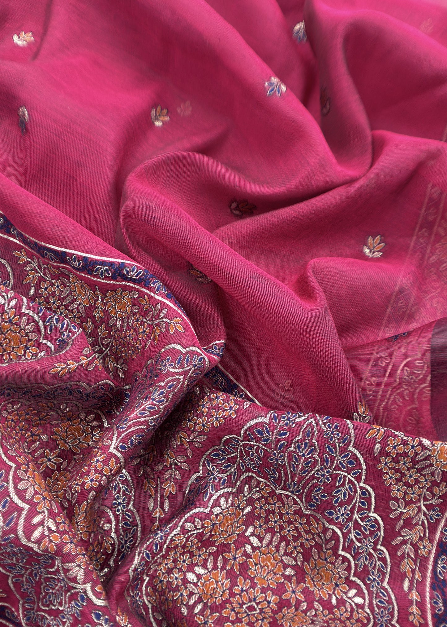 Dark Pink Linen Chanderi Suit Fabric With Jamdani Weaving And Embroidery