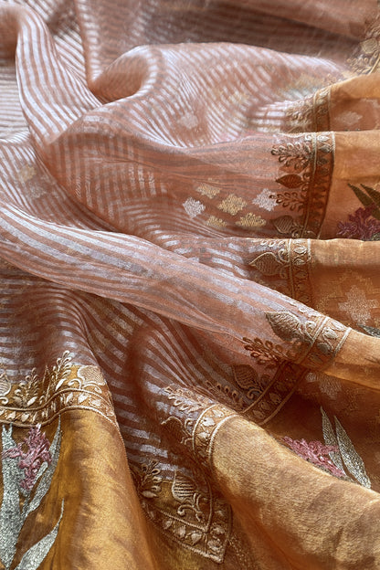 Goldan Peach Handloom Tissue Silk Suit With Gold Silver Zari And Embroidery