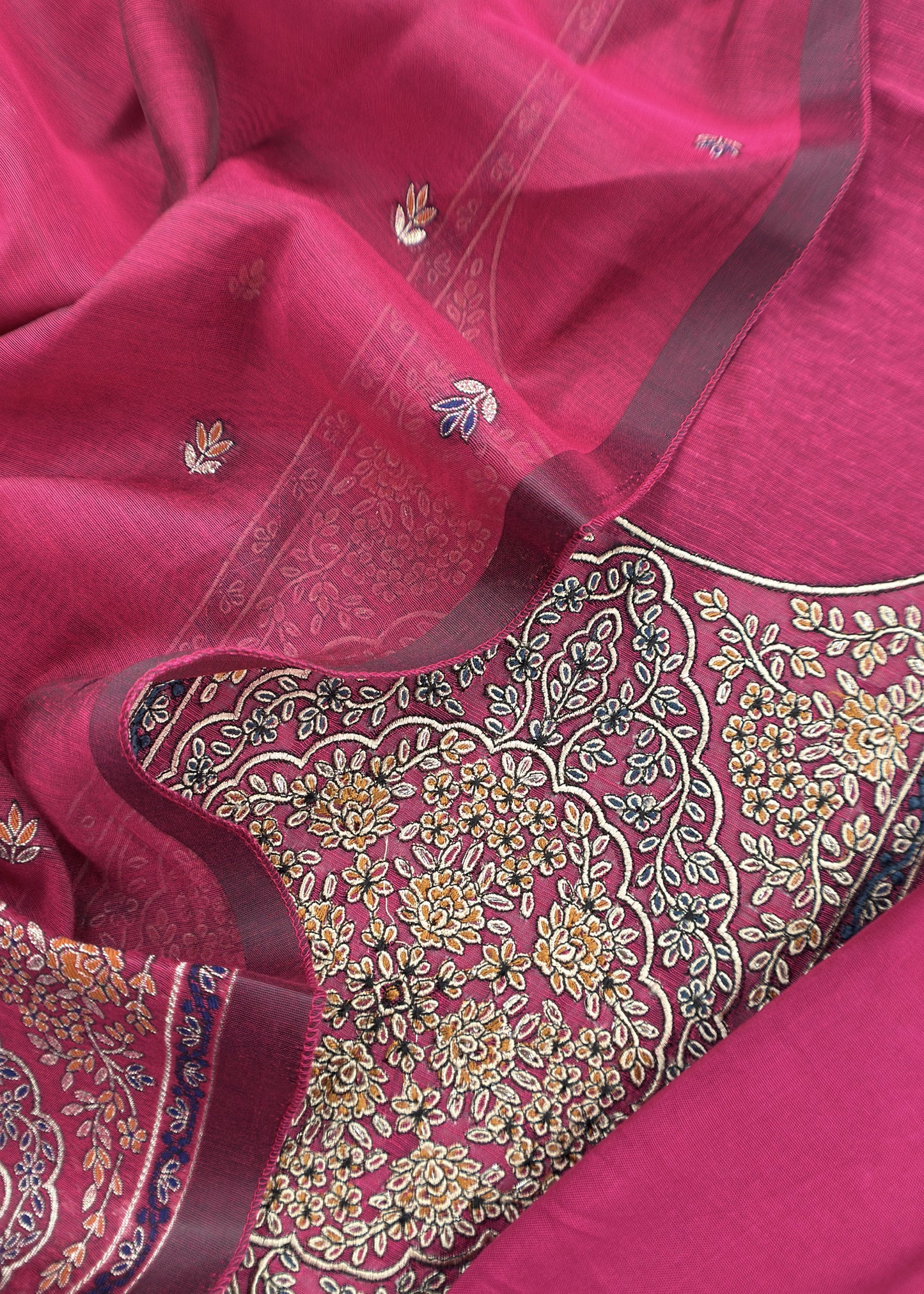 Dark Pink Linen Chanderi Suit Fabric With Jamdani Weaving And Embroidery