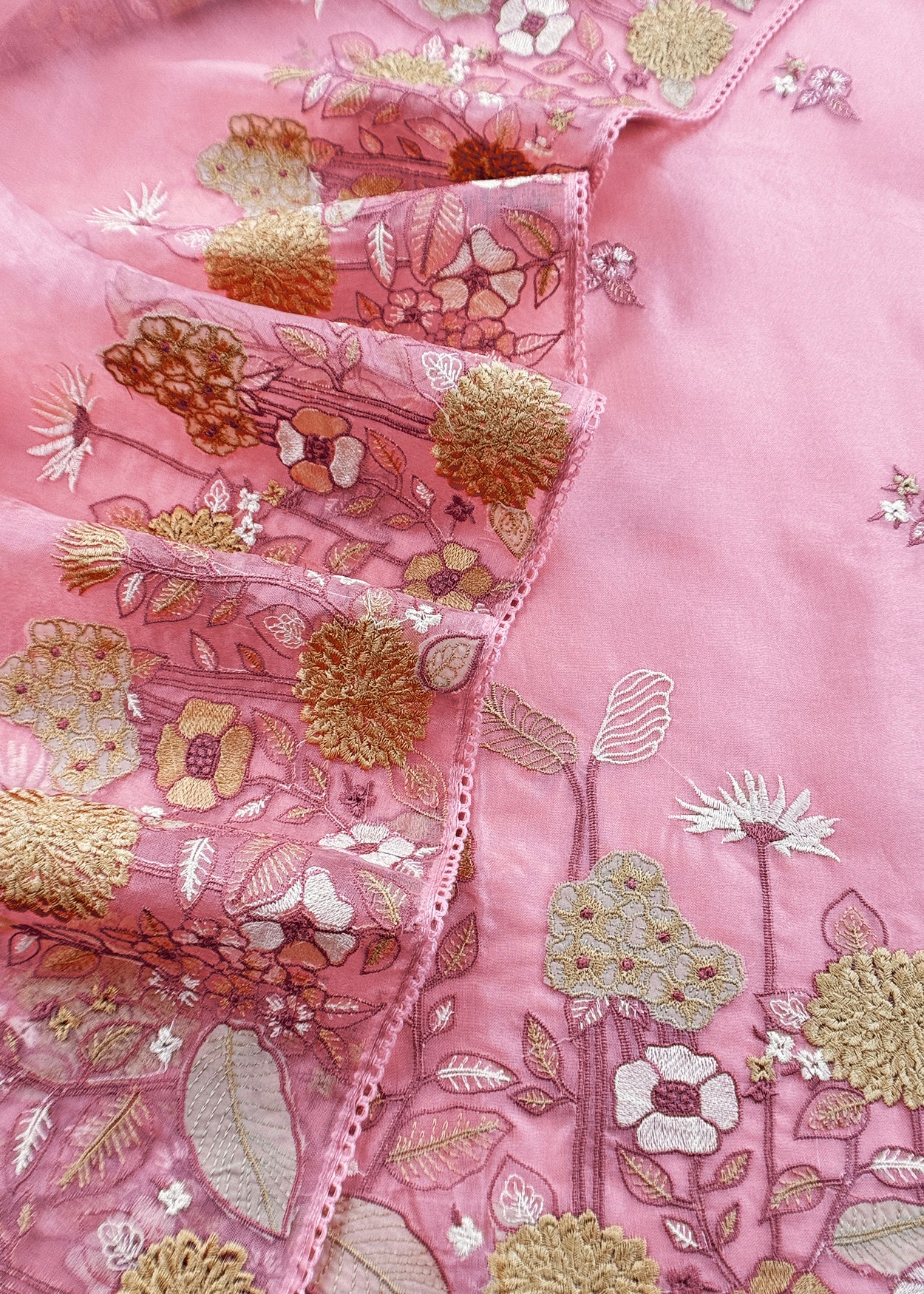 Baby Pink Handloom Kora Silk Suit With Parsi Embroidery