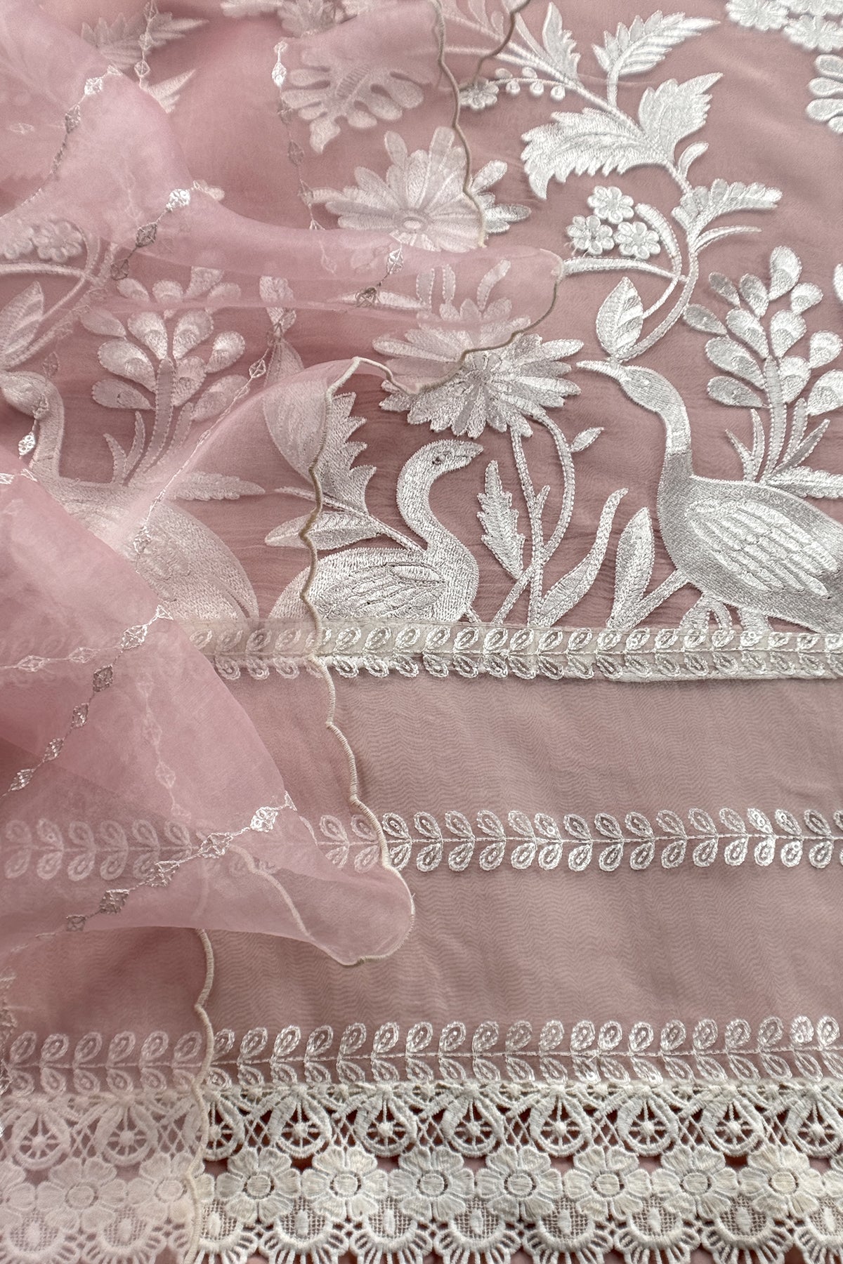 Garden of Love Soft Blush Pure Organza Unstitched Suit with Crochet Laces and Resham Embroidery
