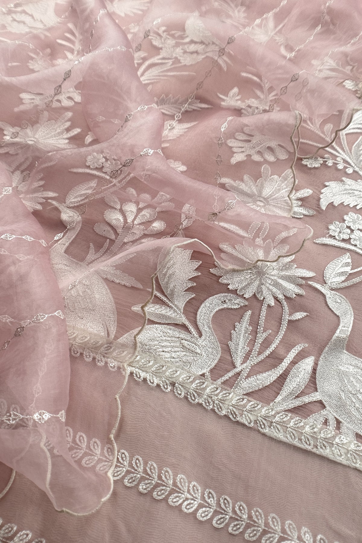Garden of Love Soft Blush Pure Organza Unstitched Suit with Crochet Laces and Resham Embroidery