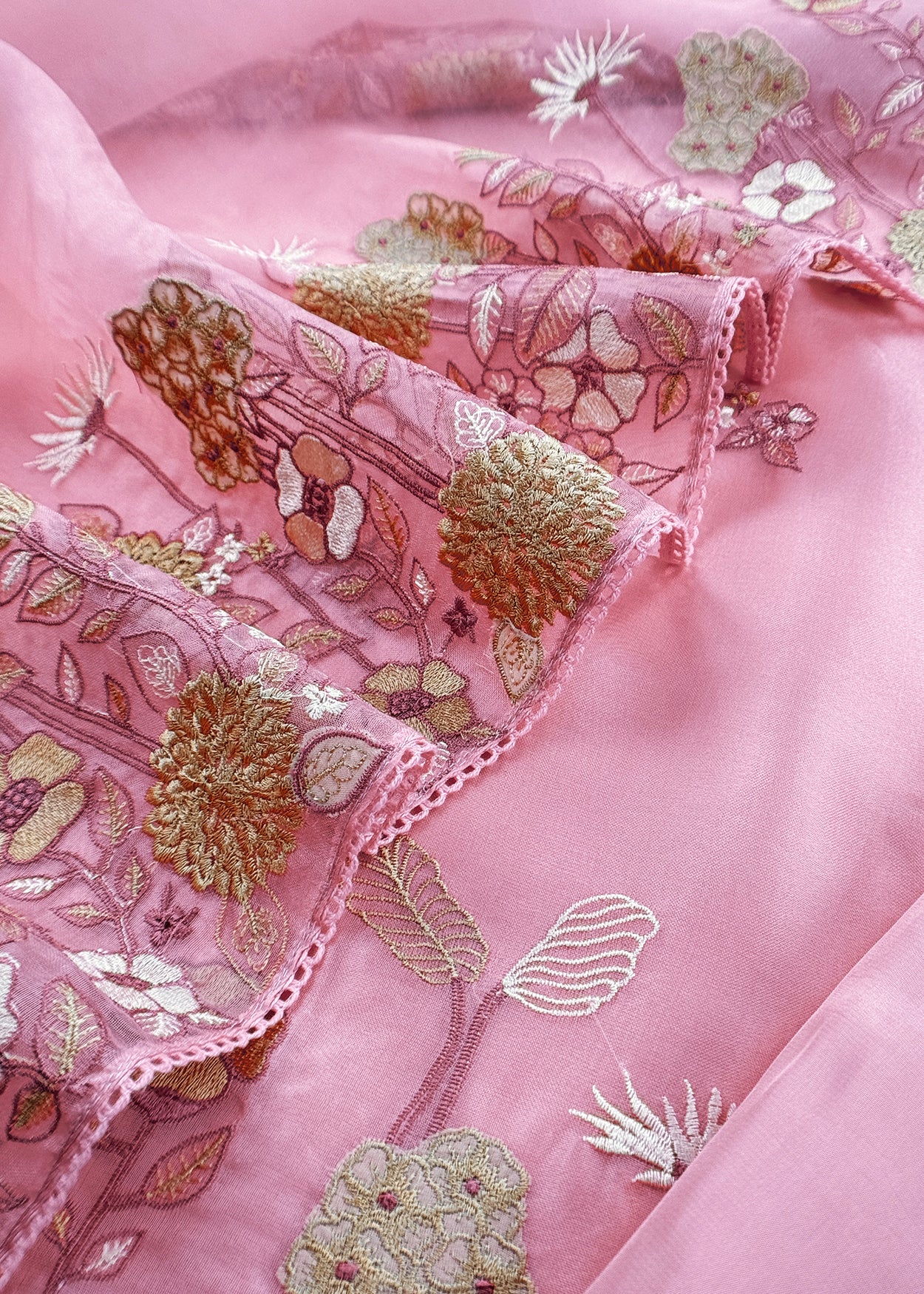 Baby Pink Handloom Kora Silk Suit With Parsi Embroidery