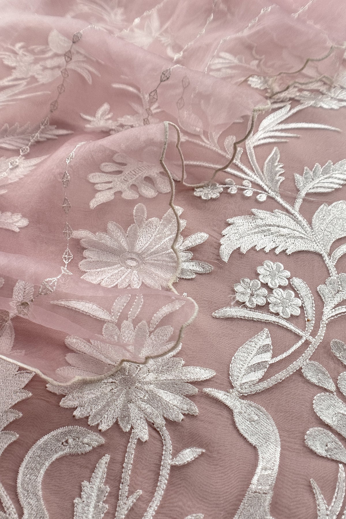 Garden of Love Soft Blush Pure Organza Unstitched Suit with Crochet Laces and Resham Embroidery