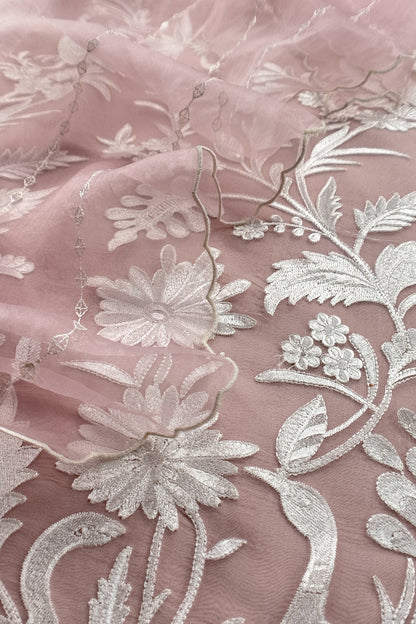 Garden of Love Soft Blush Pure Organza Unstitched Suit with Crochet Laces and Resham Embroidery