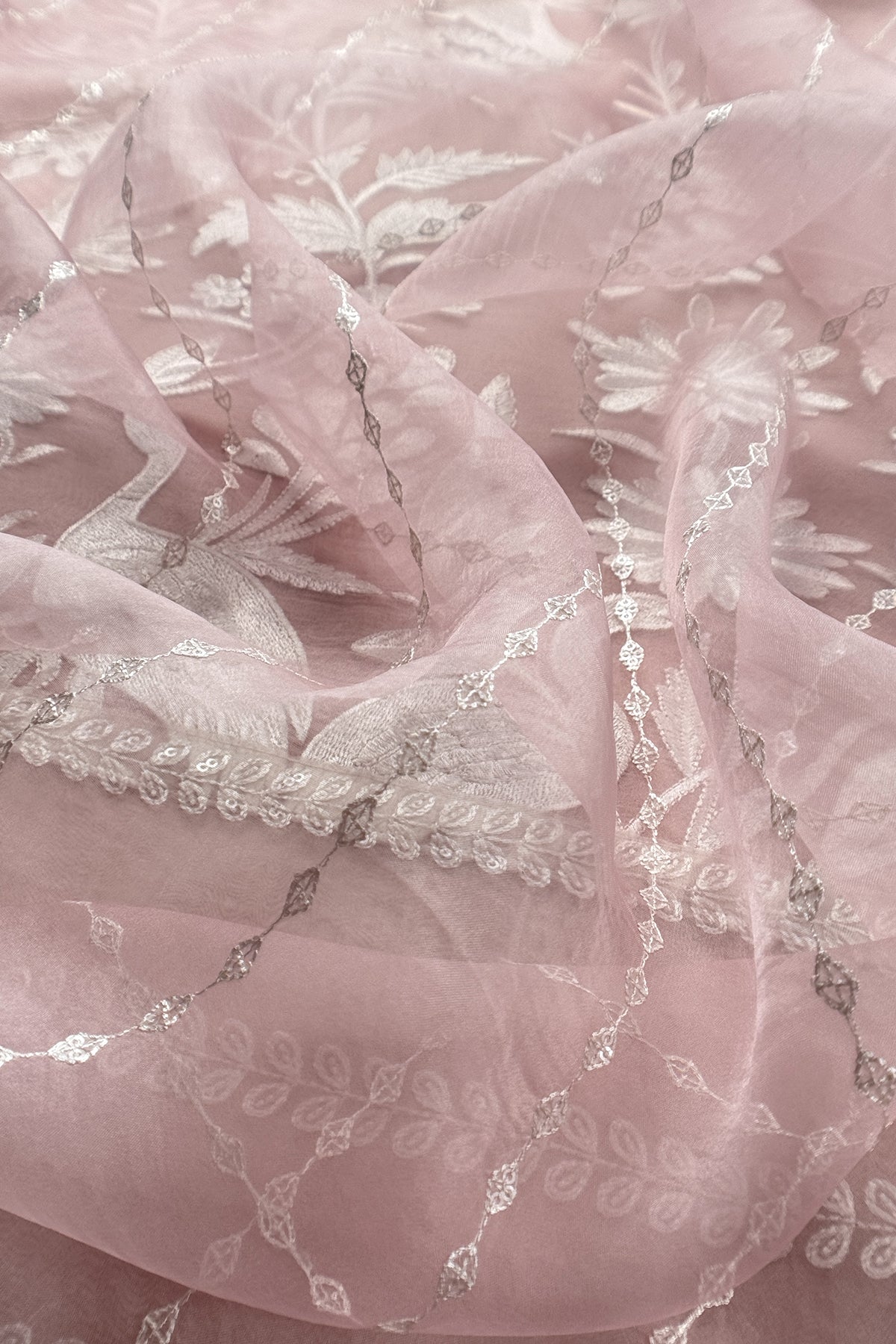 Garden of Love Soft Blush Pure Organza Unstitched Suit with Crochet Laces and Resham Embroidery