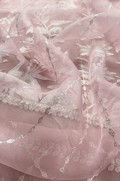 Garden of Love Soft Blush Pure Organza Unstitched Suit with Crochet Laces and Resham Embroidery