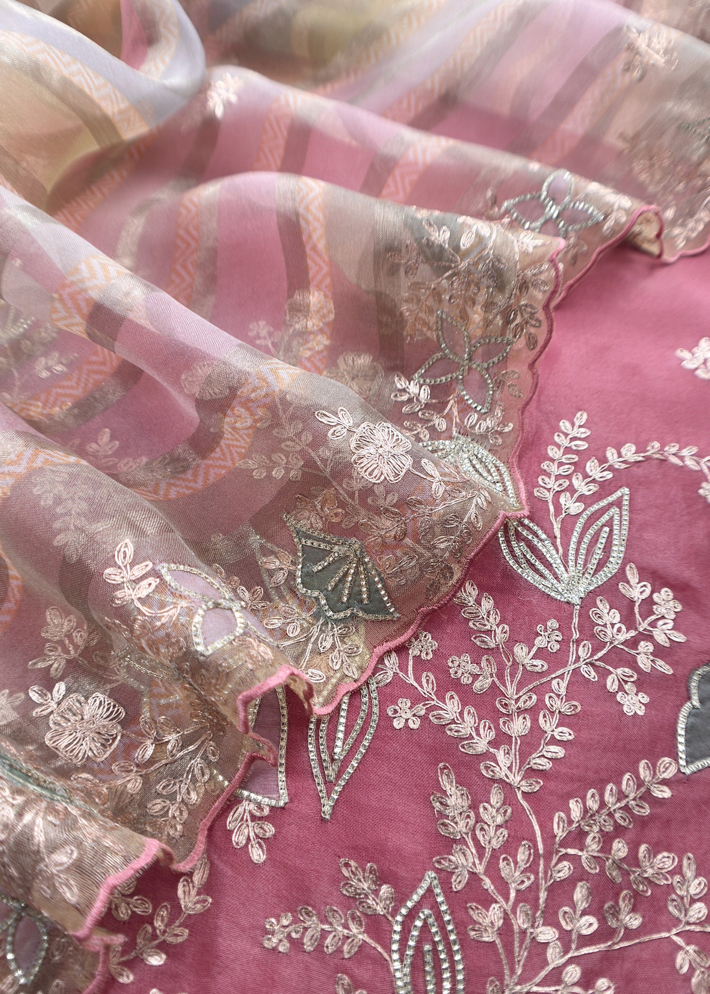 Pink Kalasheel Luxe Organza Suit With Pitta Hand Work