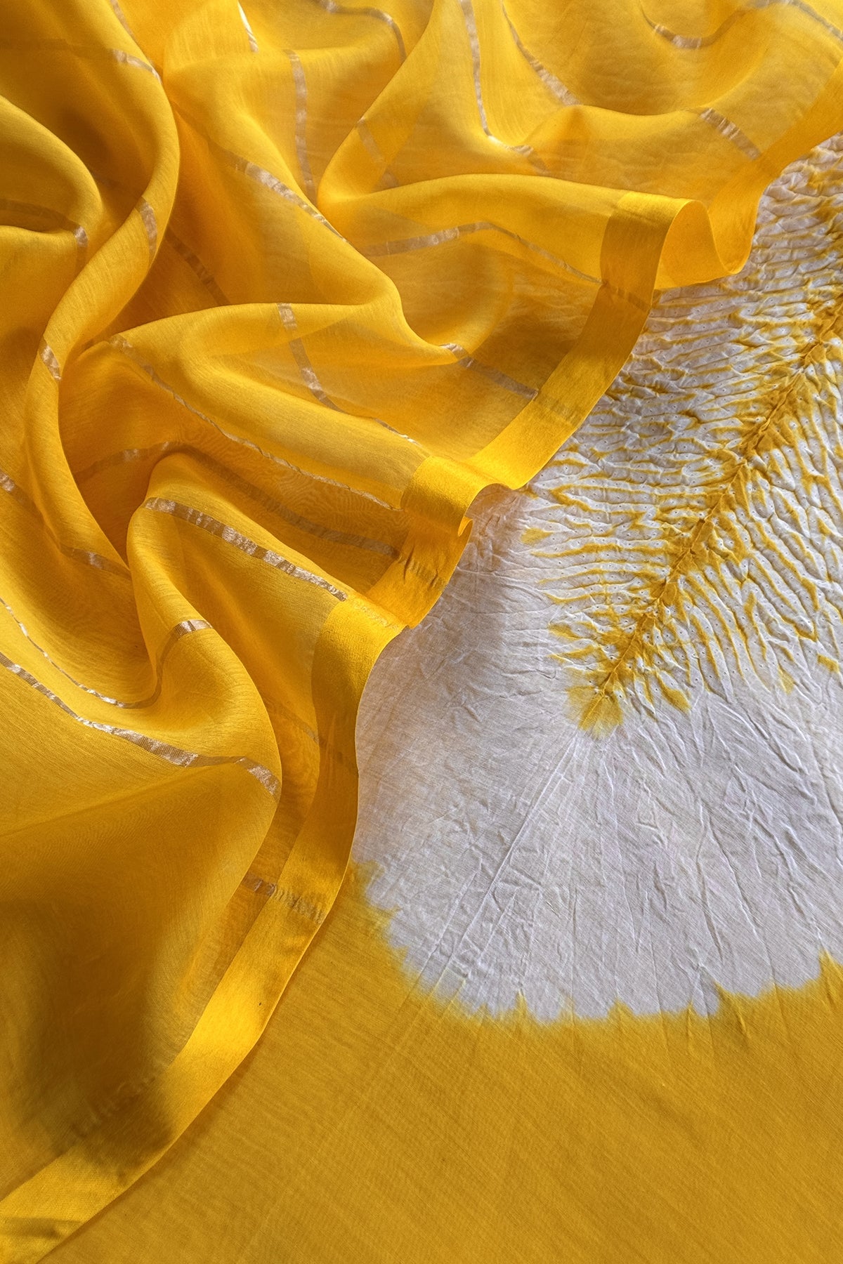Yellow Handloom Mul Unstitched Suit Fabric With Shibori Hand Tie and Dye