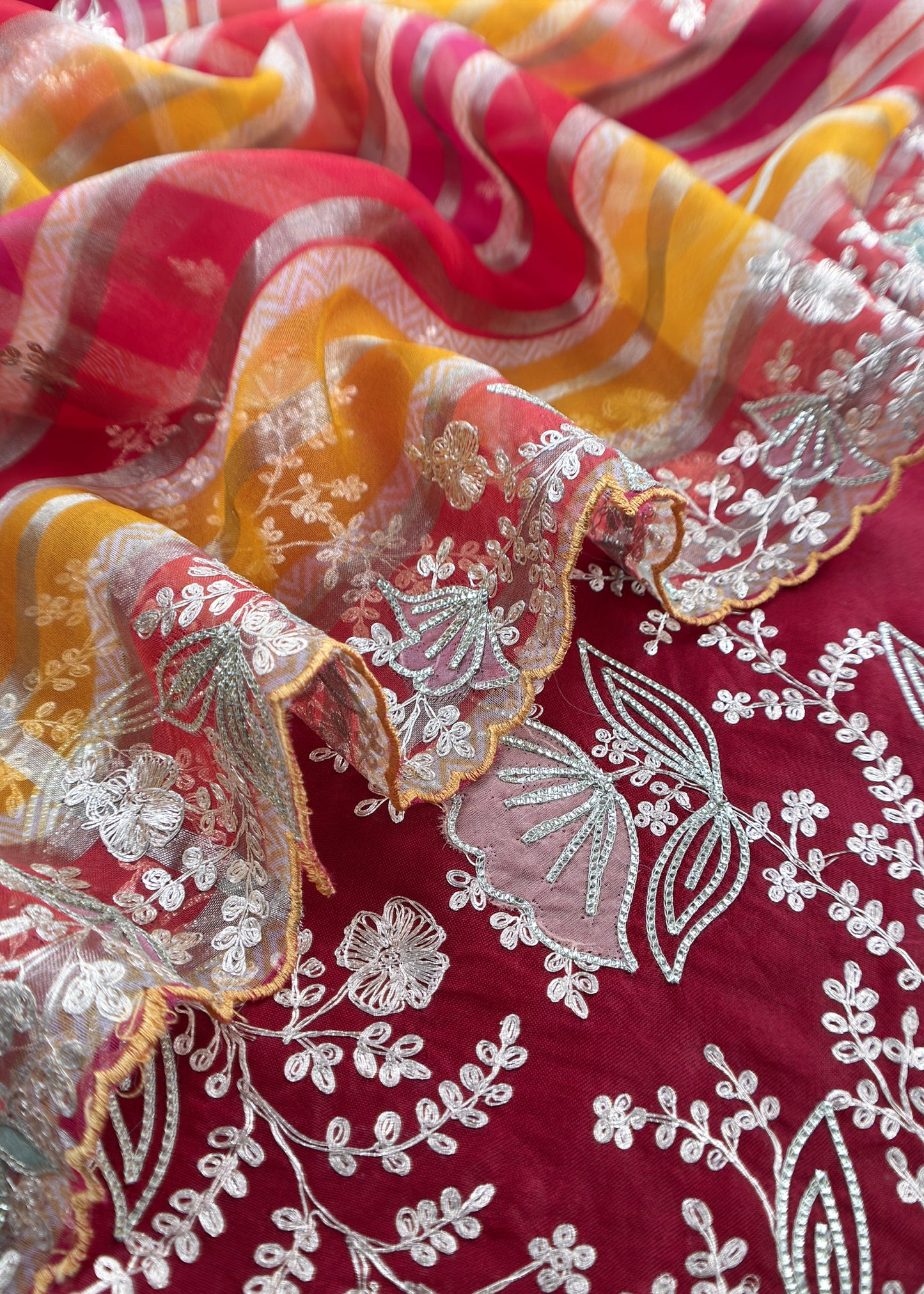 Red Kalasheel Luxe Organza Suit With Pitta Hand Work