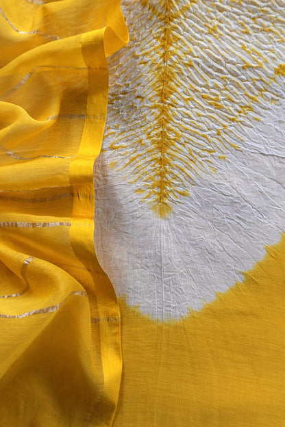 Yellow Handloom Mul Unstitched Suit Fabric With Shibori Hand Tie and Dye