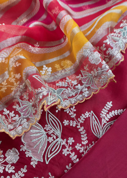 Red Kalasheel Luxe Organza Suit With Pitta Hand Work