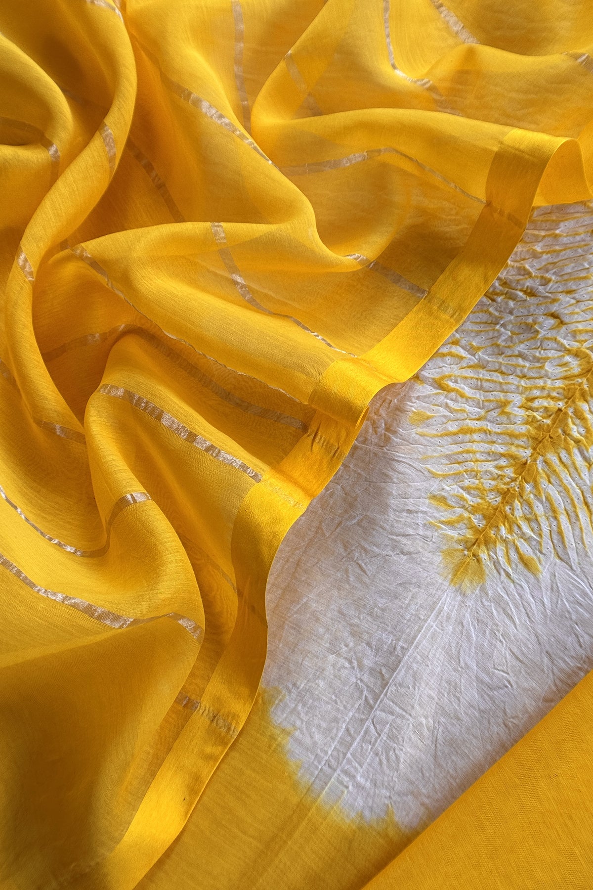 Yellow Handloom Mul Unstitched Suit Fabric With Shibori Hand Tie and Dye