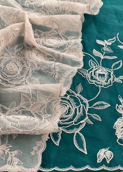Bottle Green Pure Kora Silk Suit With French Thread Embroidery