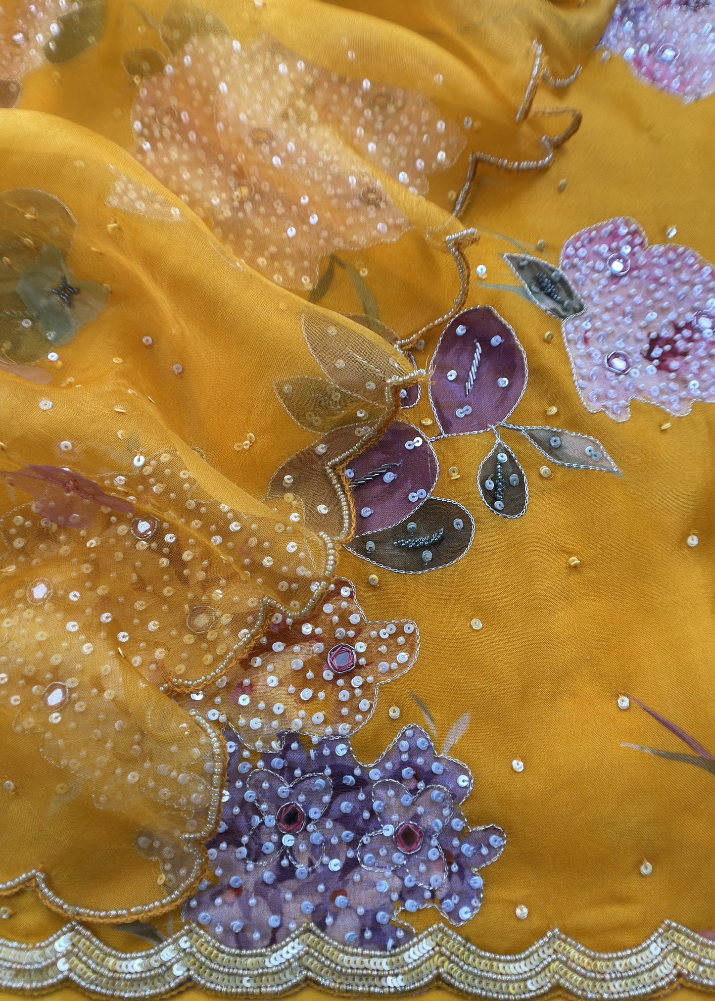 Yellow Pure Organza Unstitched Suit With Dupatta