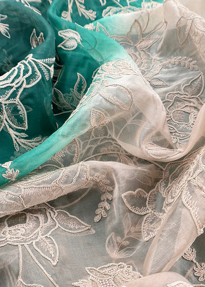 Bottle Green Pure Kora Silk Suit With French Thread Embroidery