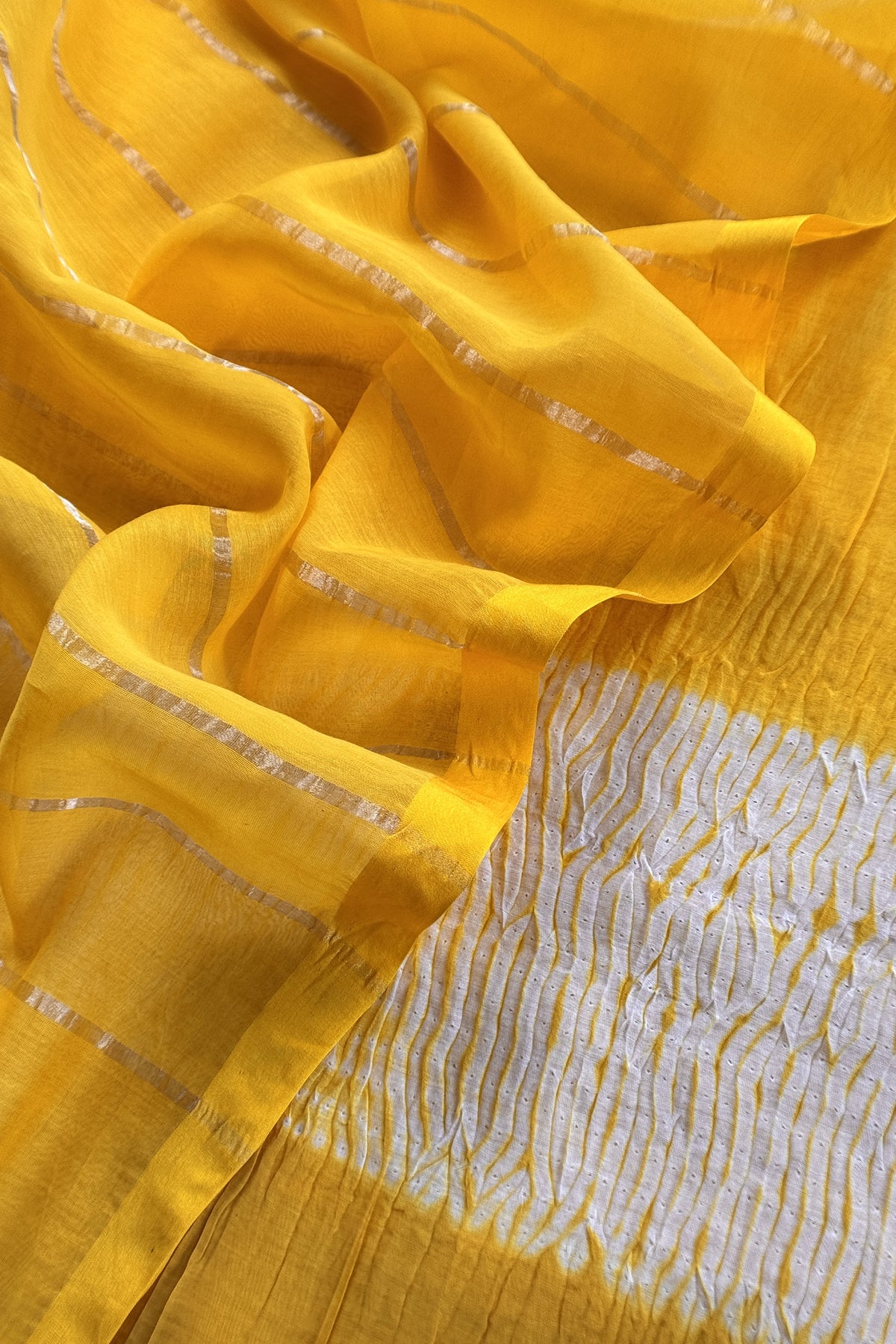 Yellow Handloom Mul Unstitched Suit Fabric With Shibori Hand Tie and Dye