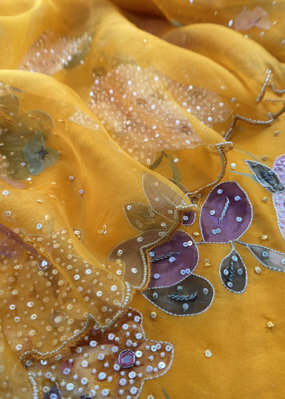 Yellow Pure Organza Unstitched Suit With Dupatta