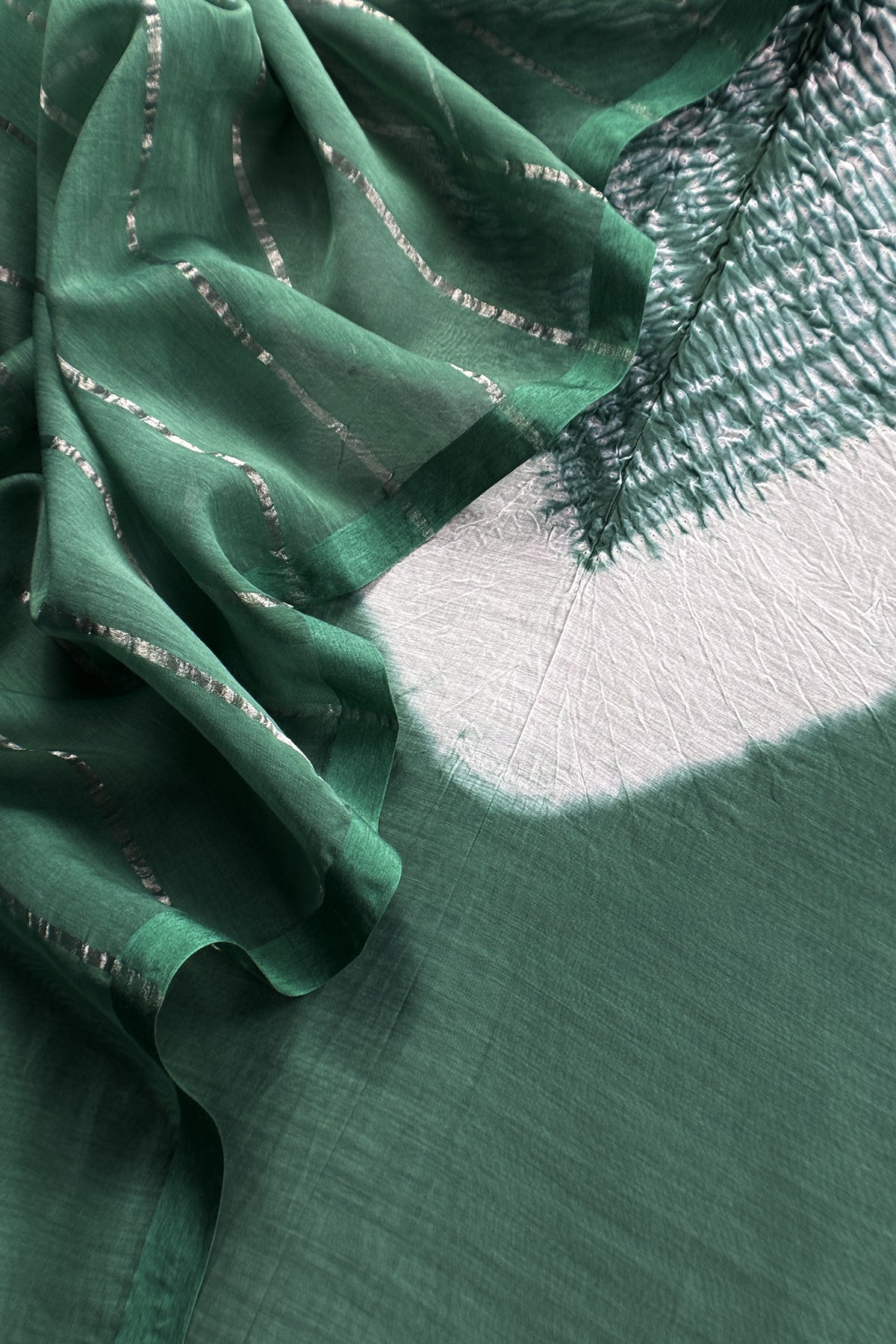 Green Handloom Mul Unstitched Suit Fabric With Shibori Hand Tie and Dye