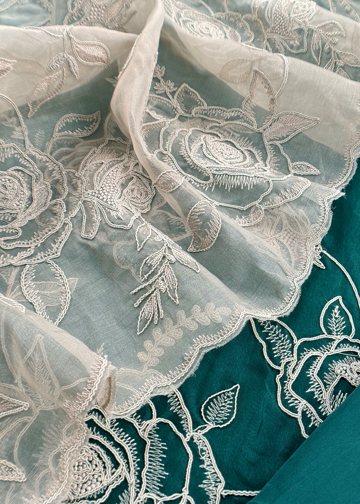 Bottle Green Pure Kora Silk Suit With French Thread Embroidery