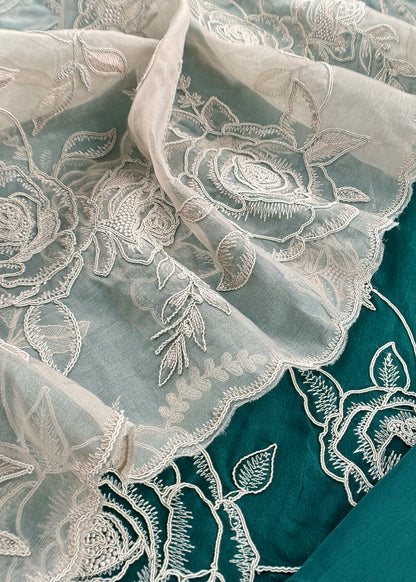 Bottle Green Pure Kora Silk Suit With French Thread Embroidery