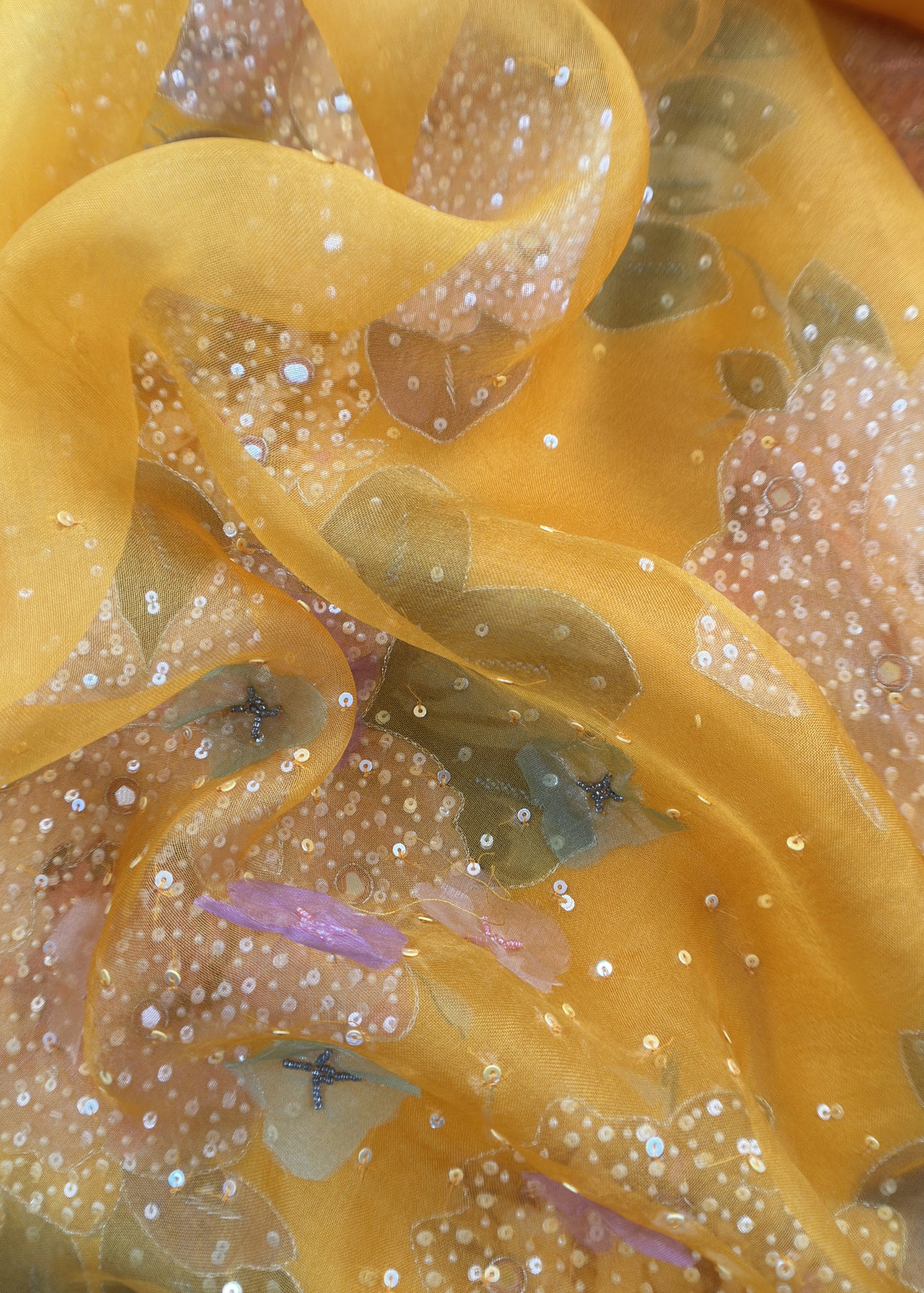 Yellow Pure Organza Unstitched Suit With Dupatta