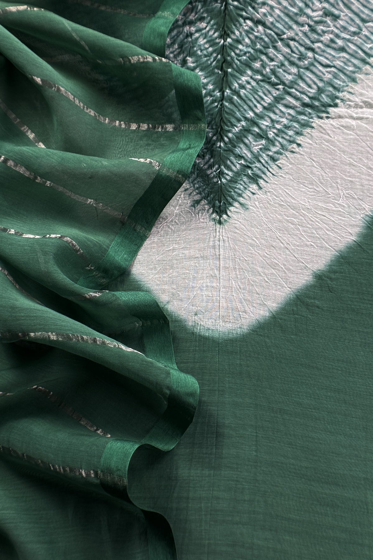 Green Handloom Mul Unstitched Suit Fabric With Shibori Hand Tie and Dye