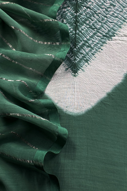 Green Handloom Mul Unstitched Suit Fabric With Shibori Hand Tie and Dye