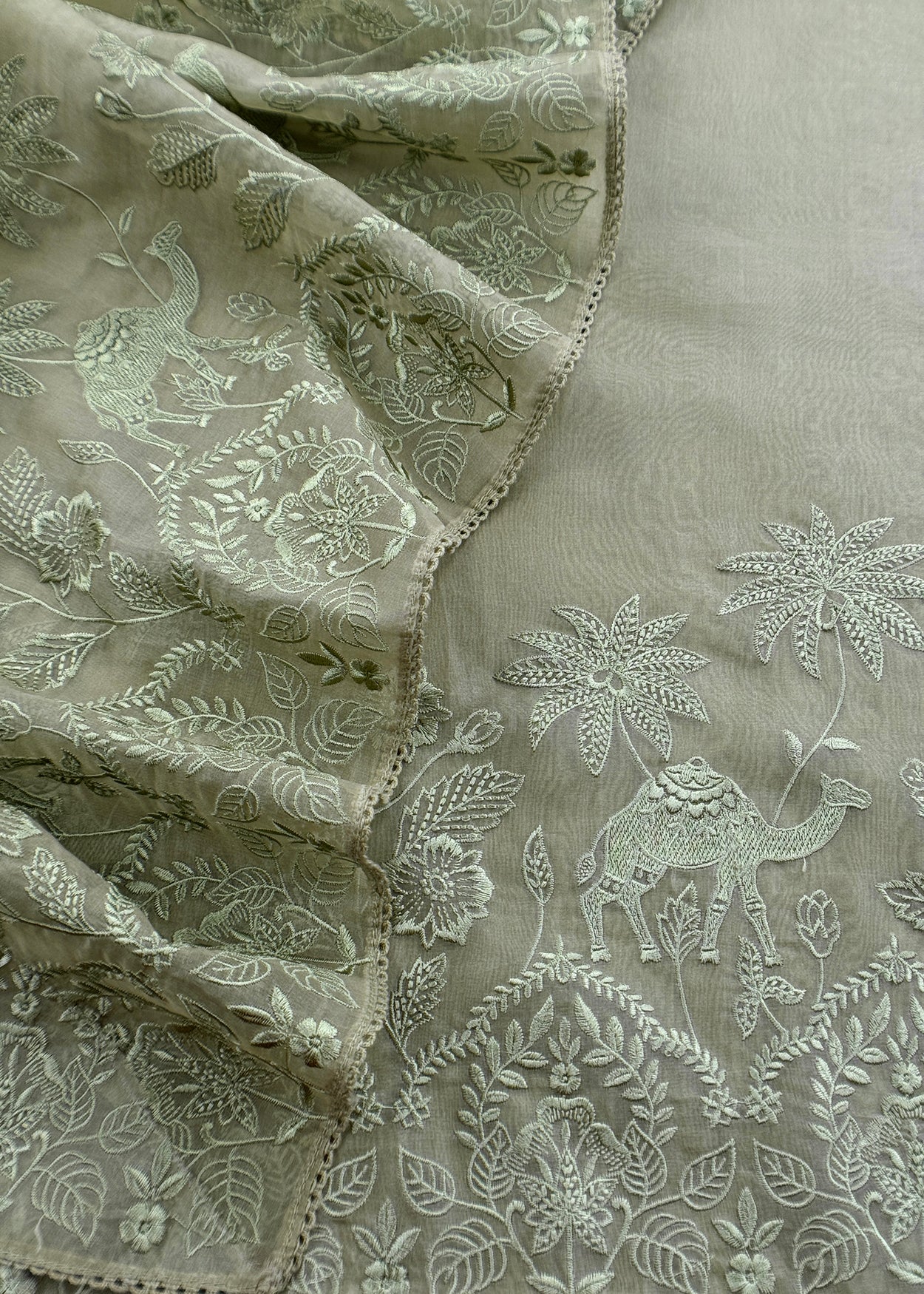 Green Handloom Kora Silk Suit With Parsi Embroidery