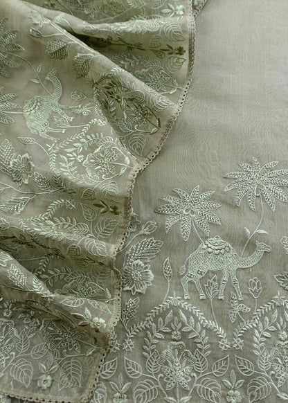 Green Handloom Kora Silk Suit With Parsi Embroidery