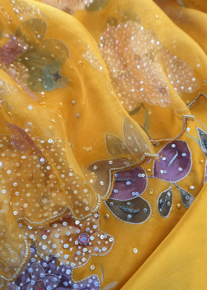 Yellow Pure Organza Unstitched Suit With Dupatta