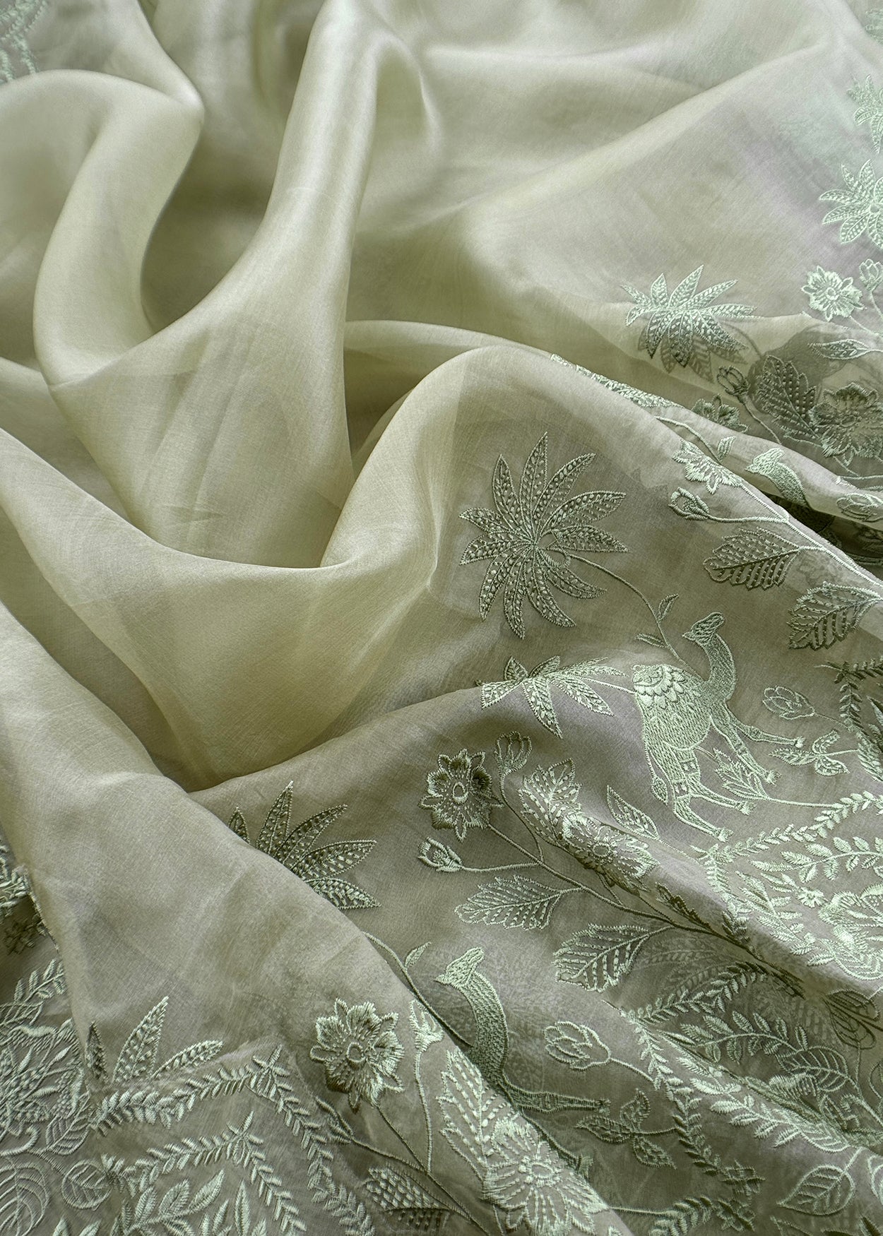Green Handloom Kora Silk Suit With Parsi Embroidery