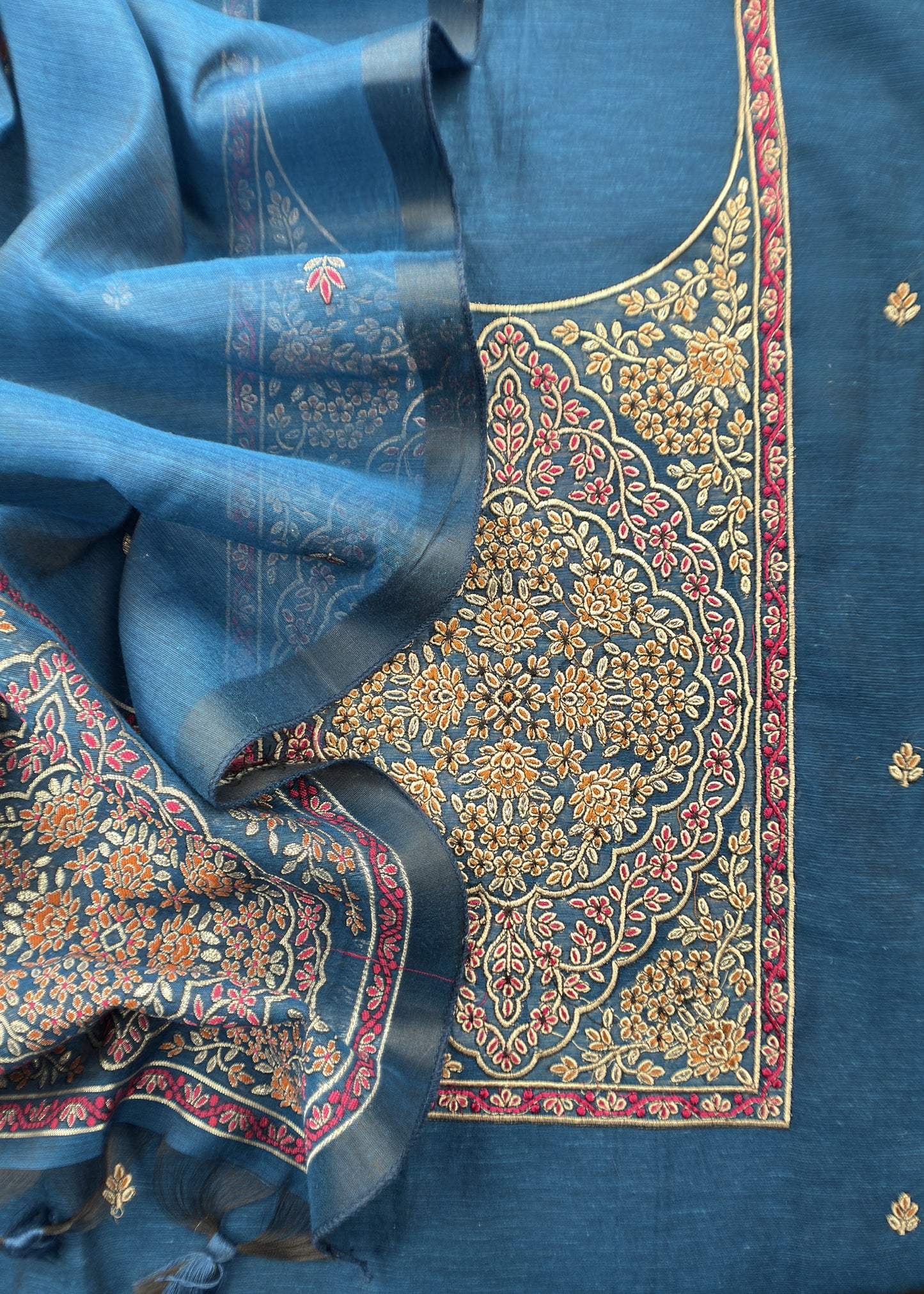 Blue Linen Chanderi Suit Fabric With Jamdani Weaving And Embroidery