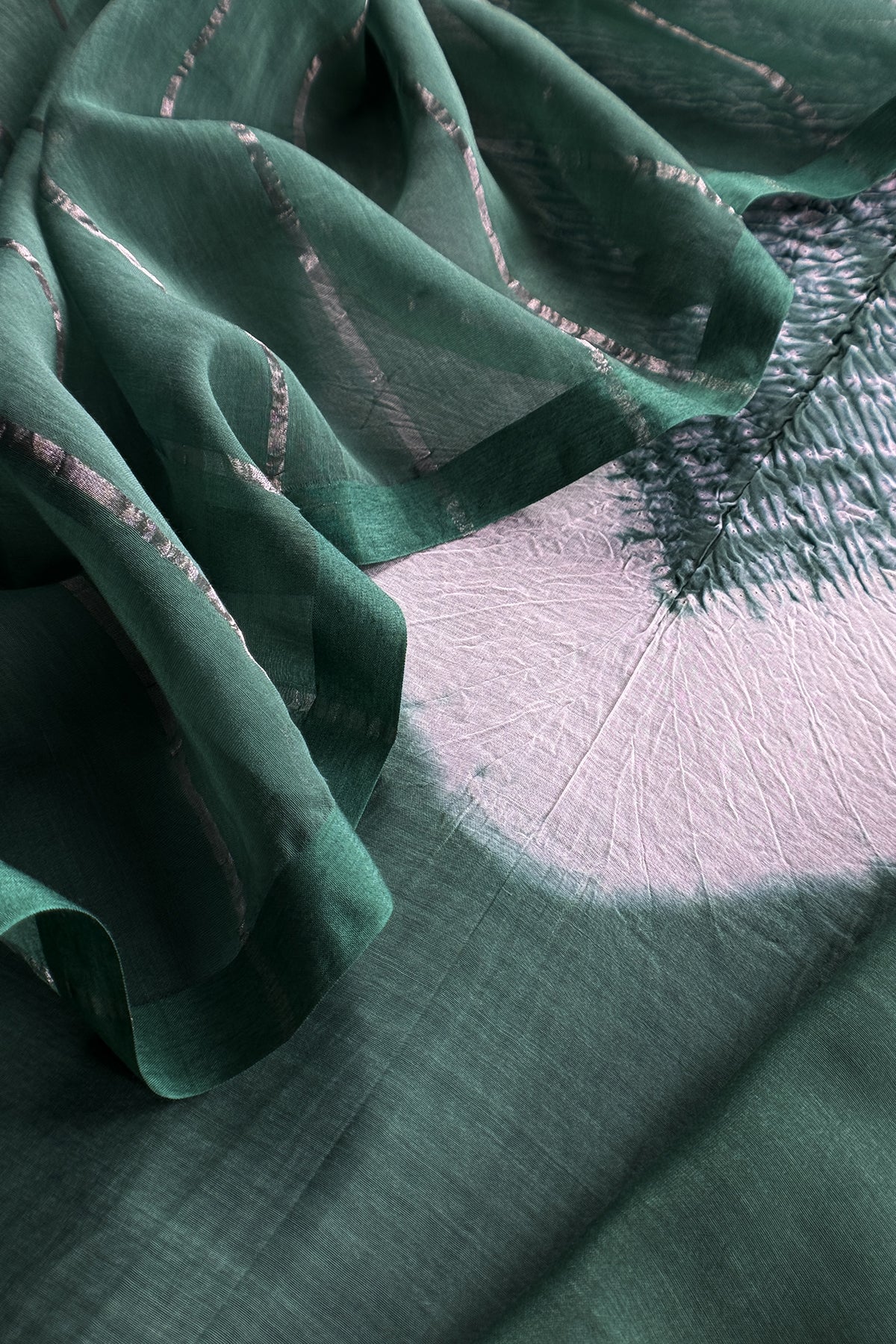 Green Handloom Mul Unstitched Suit Fabric With Shibori Hand Tie and Dye