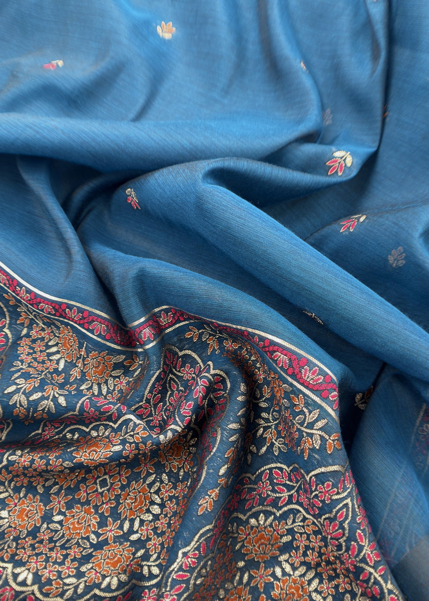 Blue Linen Chanderi Suit Fabric With Jamdani Weaving And Embroidery