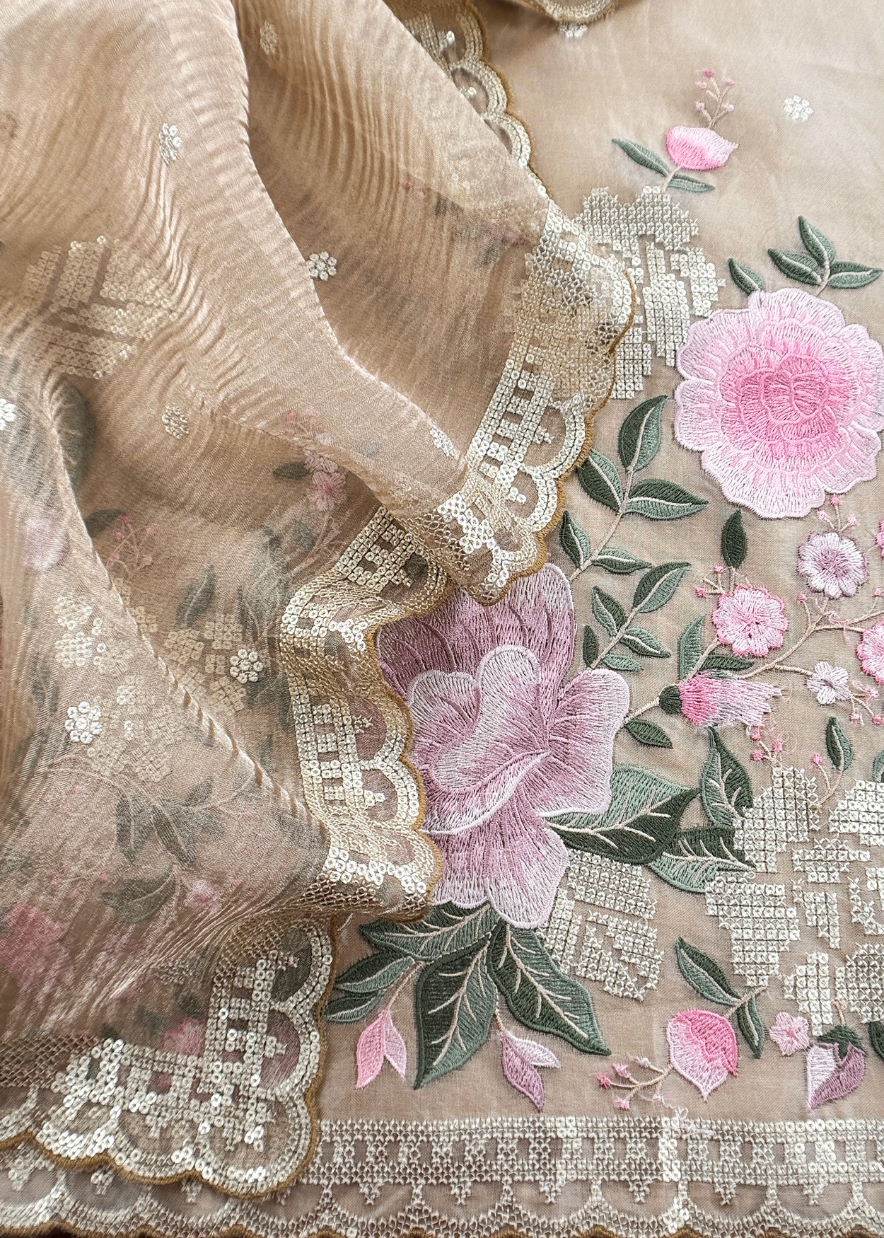Beige latte Pure kora silk Unstitched Suit with Embroidery