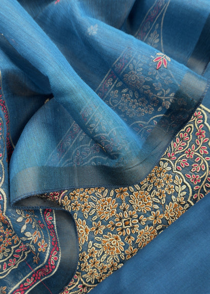 Blue Linen Chanderi Suit Fabric With Jamdani Weaving And Embroidery