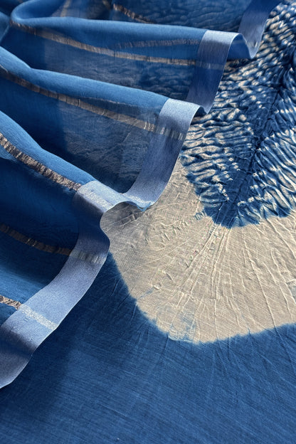 Blue Handloom Mul Unstitched Suit Fabric With Shibori Hand Tie and Dye