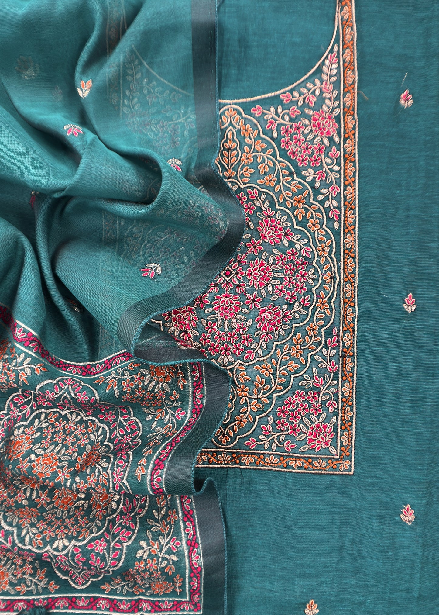 Green Linen Chanderi Suit Fabric with Jamdani Weaving And Embroidery