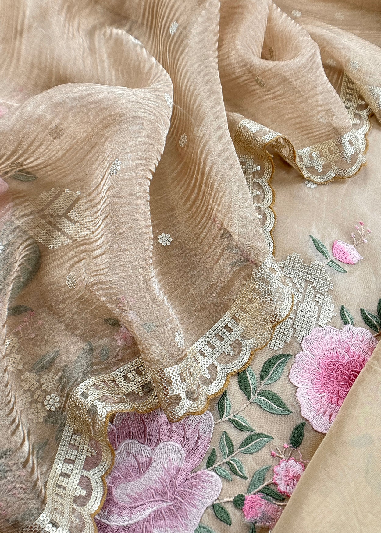 Beige latte Pure kora silk Unstitched Suit with Embroidery