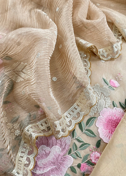 Beige latte Pure kora silk Unstitched Suit with Embroidery