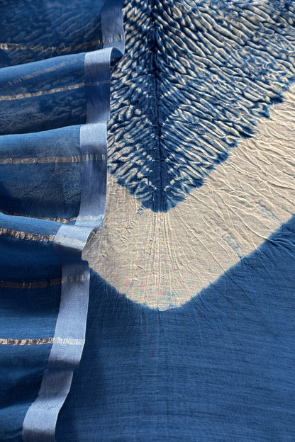 Blue Handloom Mul Unstitched Suit Fabric With Shibori Hand Tie and Dye